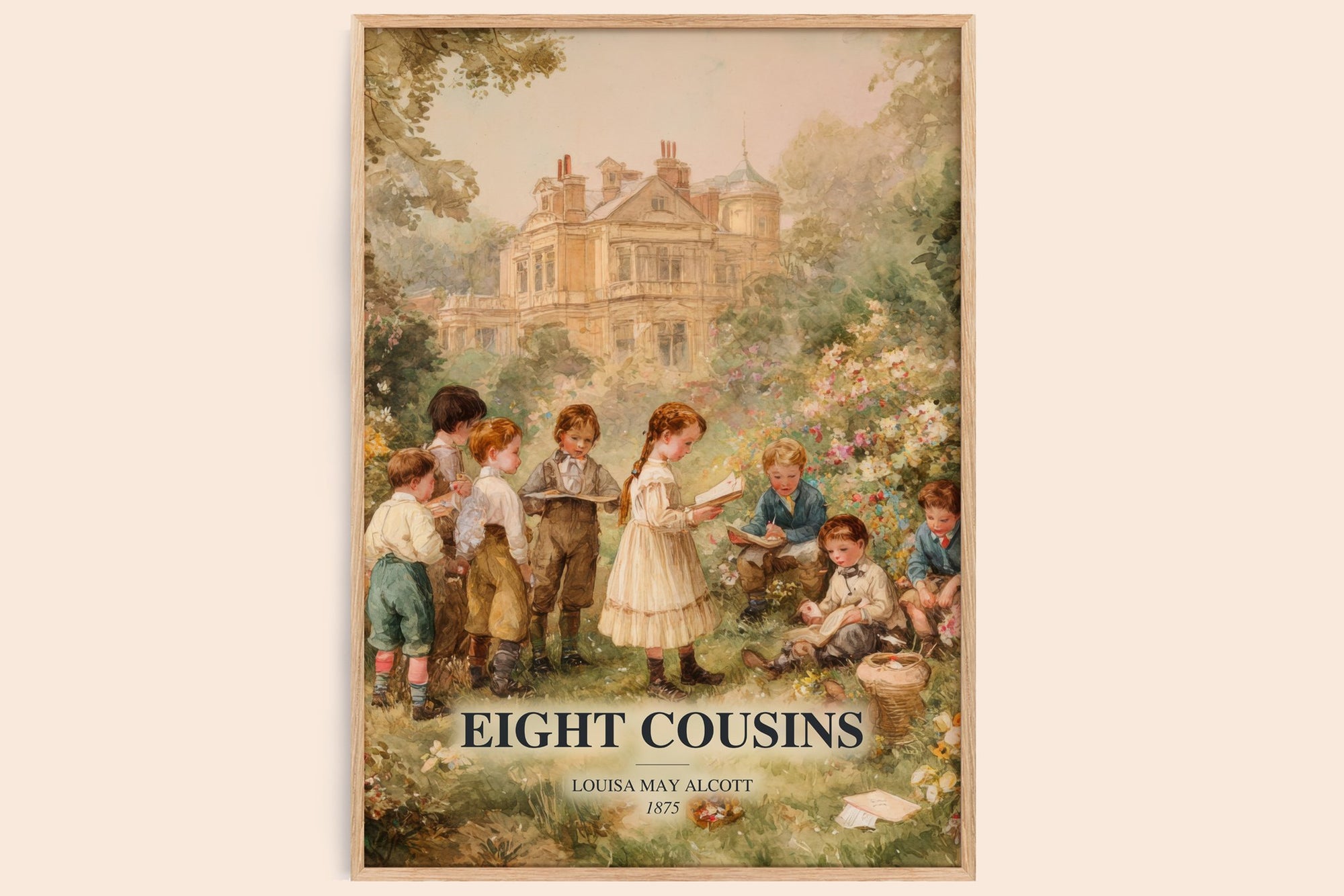 Eight Cousins watercolour book poster by Louisa May Alcott – framed literary art print