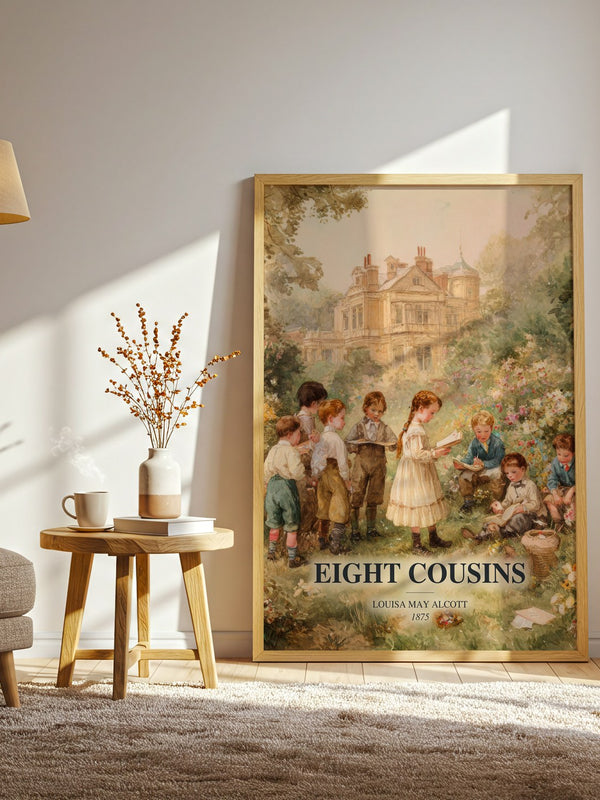 Eight Cousins watercolour print in frame leaning in hallway – childrens wall art