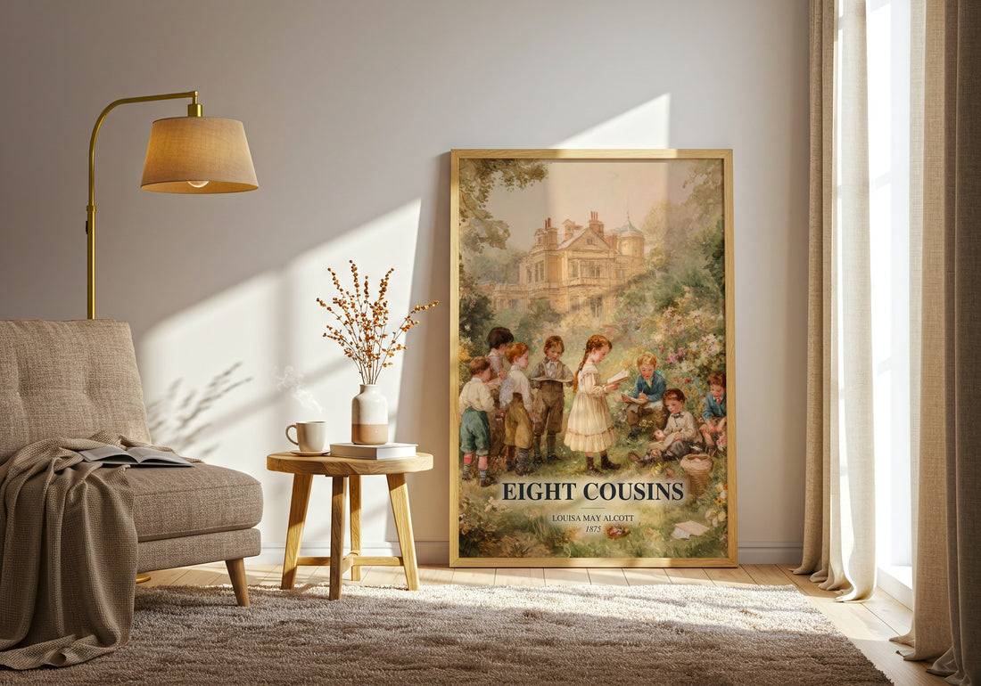 Eight Cousins watercolour print in frame leaning in hallway – childrens wall art (mockup)