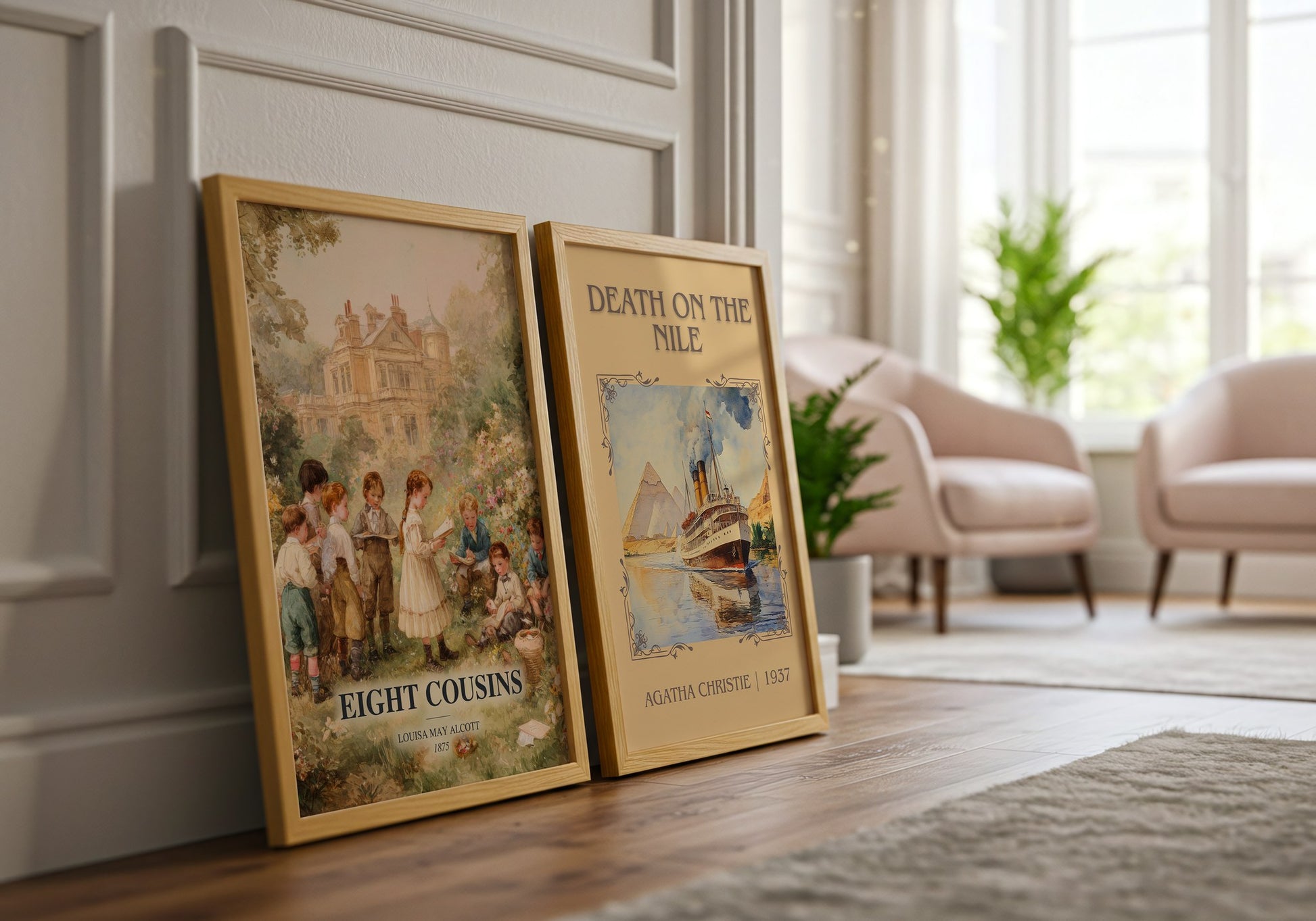 Eight Cousins watercolour print framed by window – literary home decor