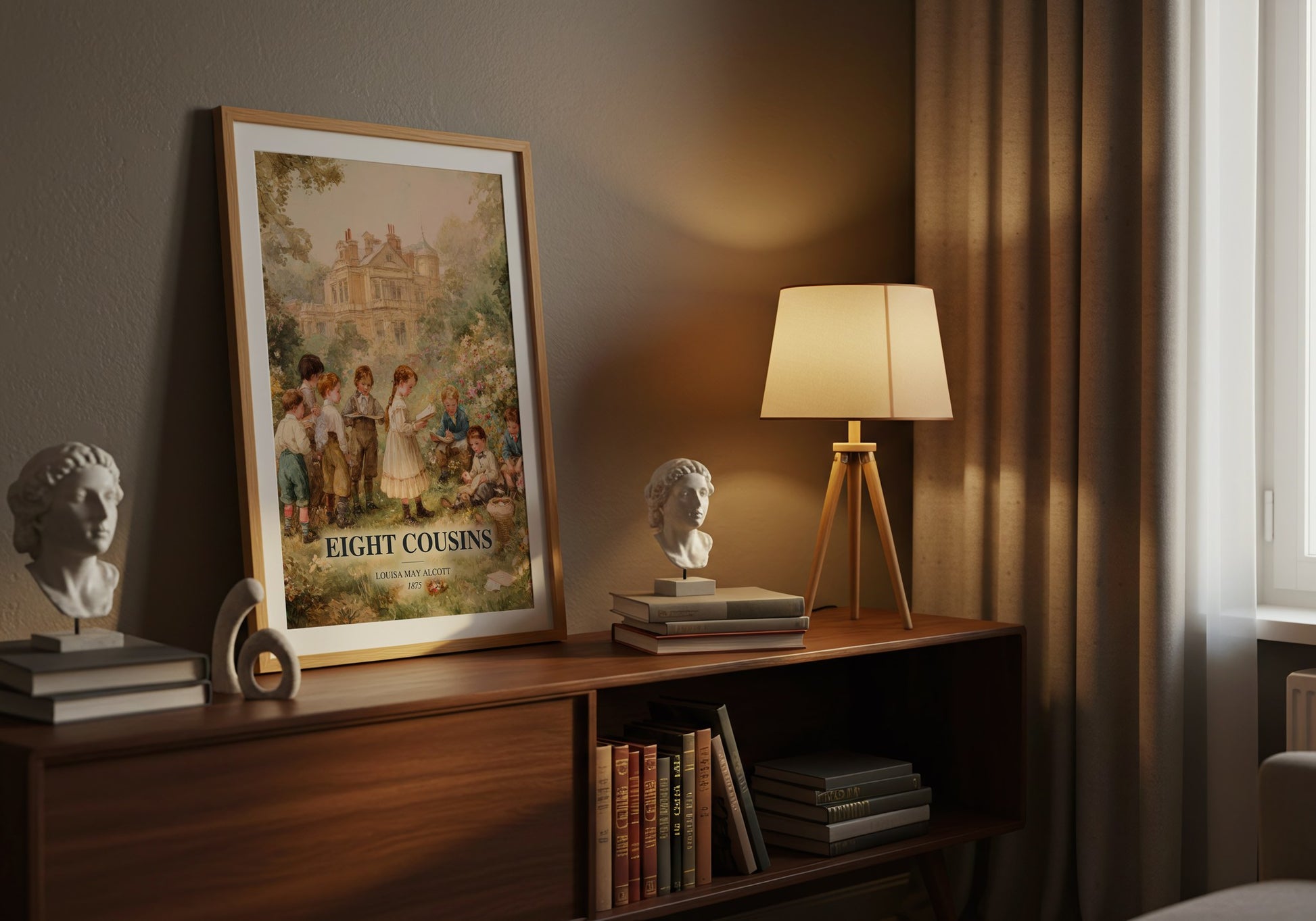 Eight Cousins watercolour print on bookshelf – Louisa May Alcott fan gift