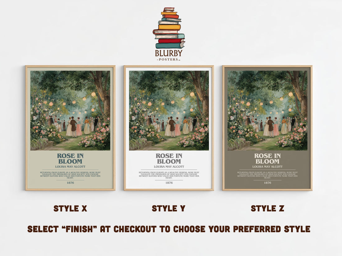 Rose In Bloom bookish print in frame leaning in hallway – thriller wall art (mockup)