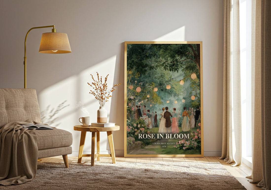 Rose In Bloom watercolour print in frame leaning in hallway – childrens wall art (mockup)