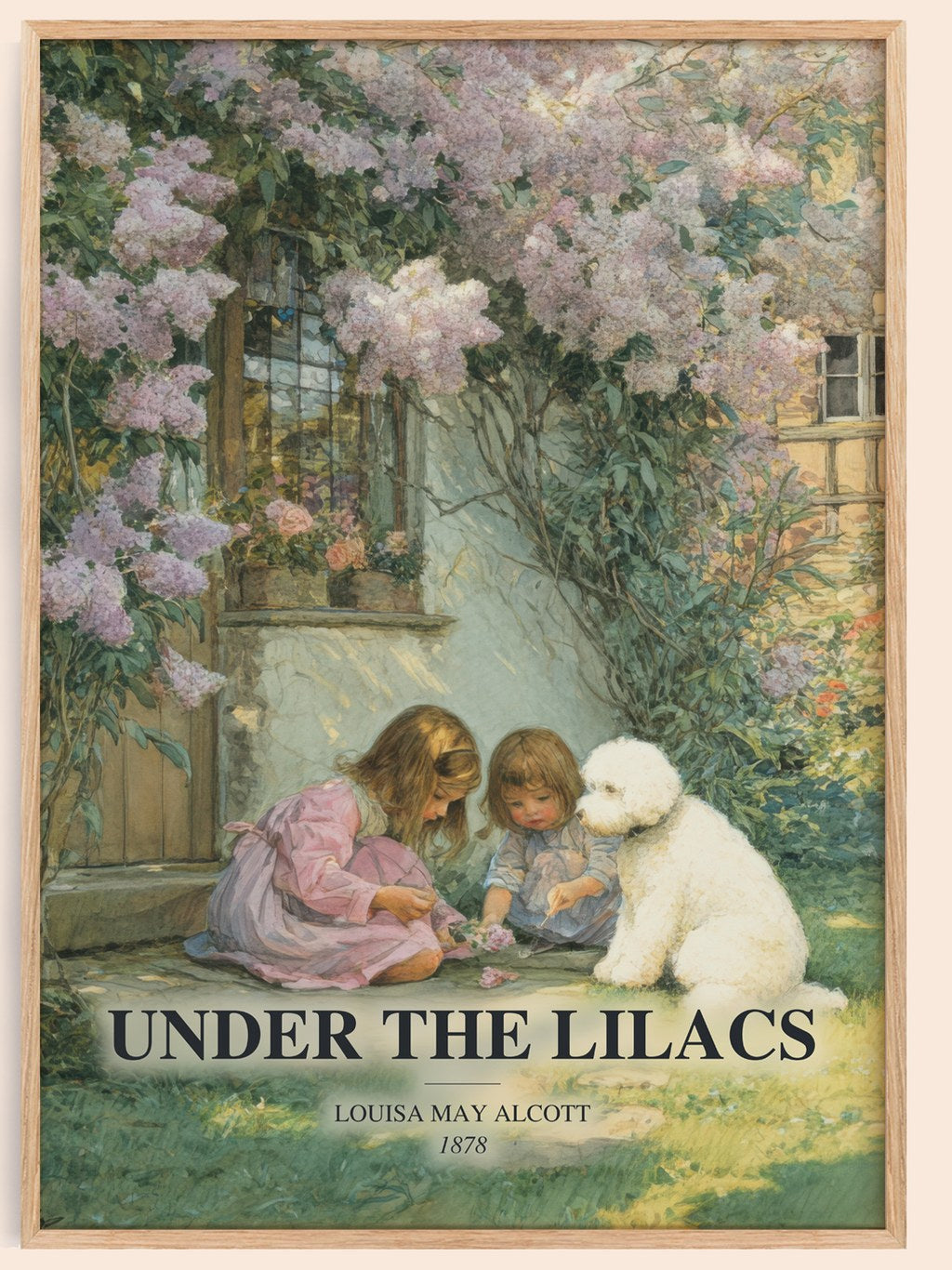 Under The Lilacs watercolour book poster by Louisa May Alcott – framed literary art print