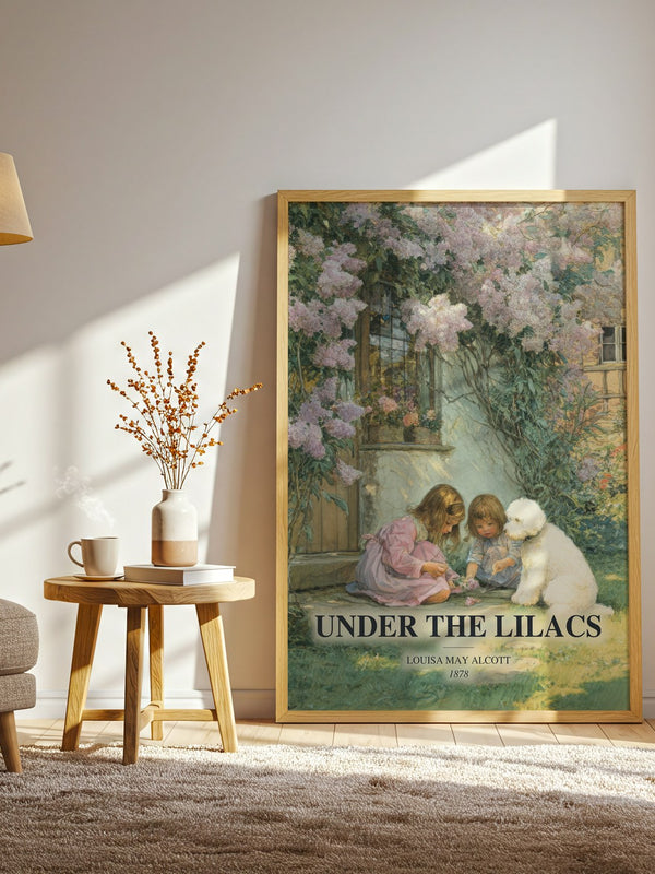 Under The Lilacs watercolour print in frame leaning in hallway – childrens wall art