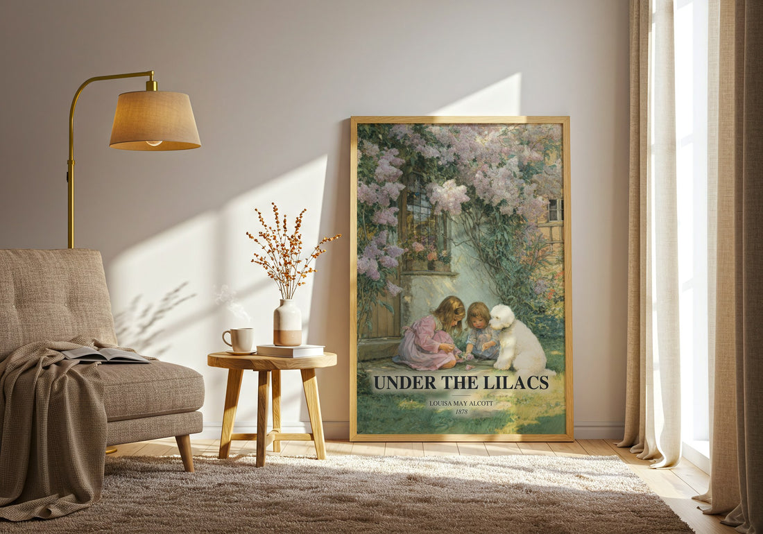 Under The Lilacs watercolour print in frame leaning in hallway – childrens wall art (mockup)
