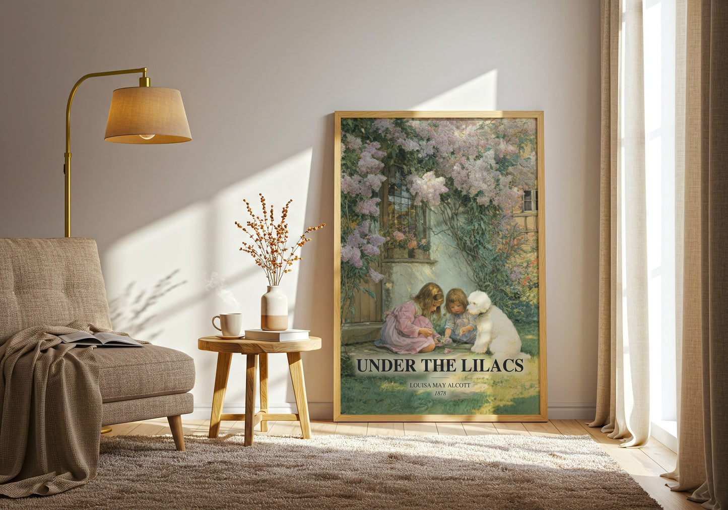 Under The Lilacs watercolour print in frame leaning in hallway – childrens wall art