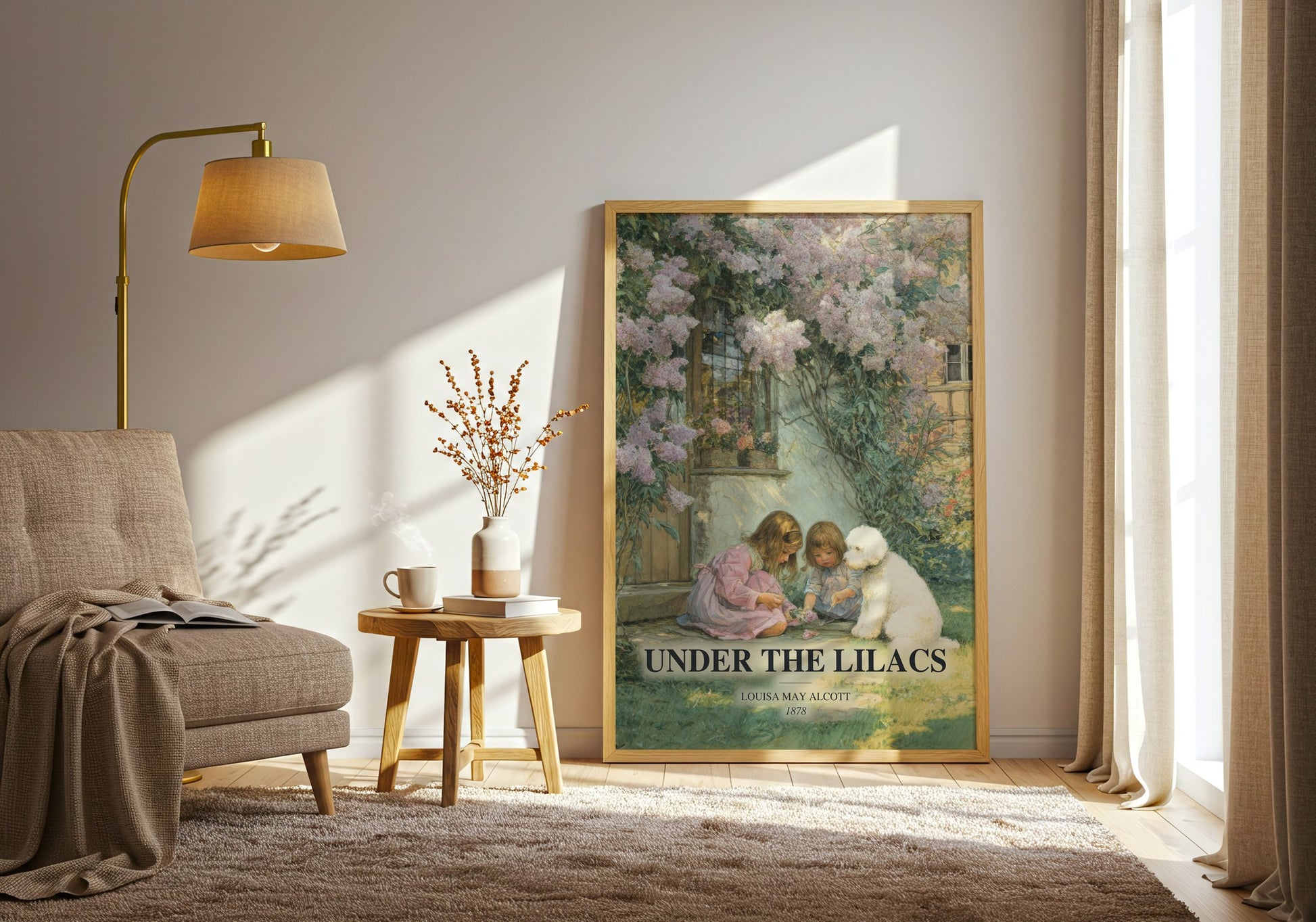 Under The Lilacs watercolour print in frame leaning in hallway – childrens wall art