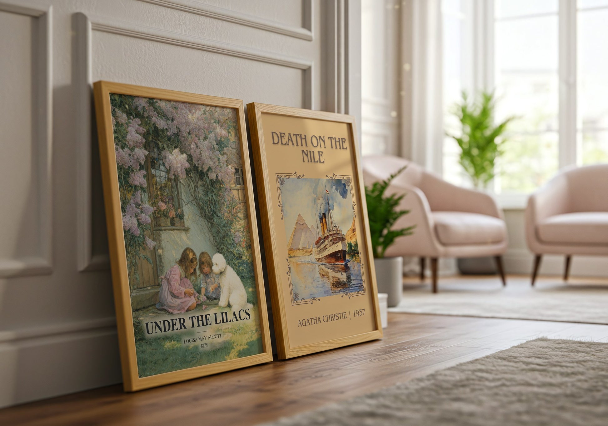 Under The Lilacs watercolour print framed by window – literary home decor