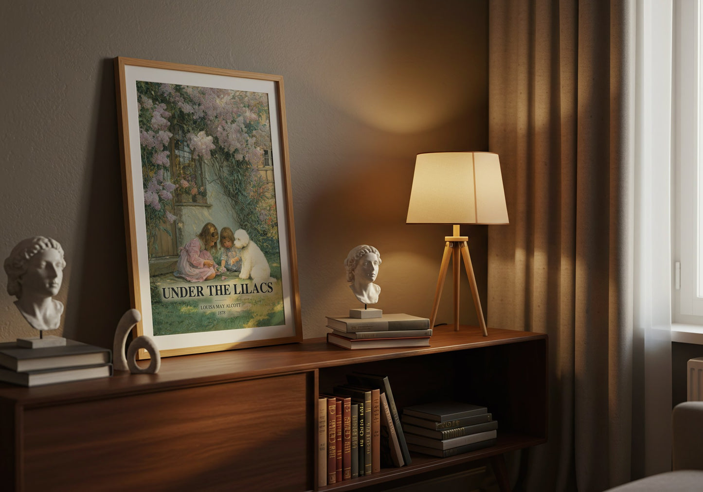 Under The Lilacs watercolour print on bookshelf – Louisa May Alcott fan gift