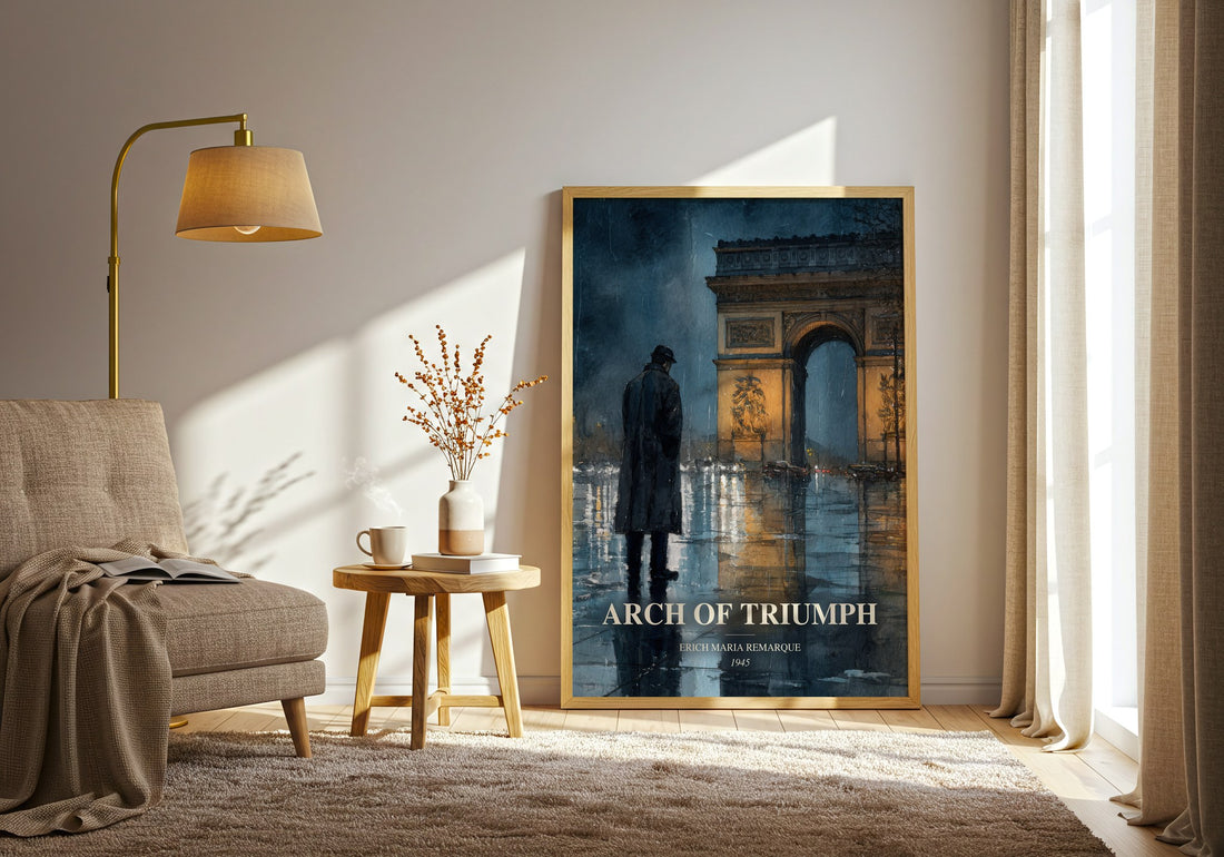 Arch Of Triumph watercolour print in frame leaning in hallway – historical fiction wall art (mockup)