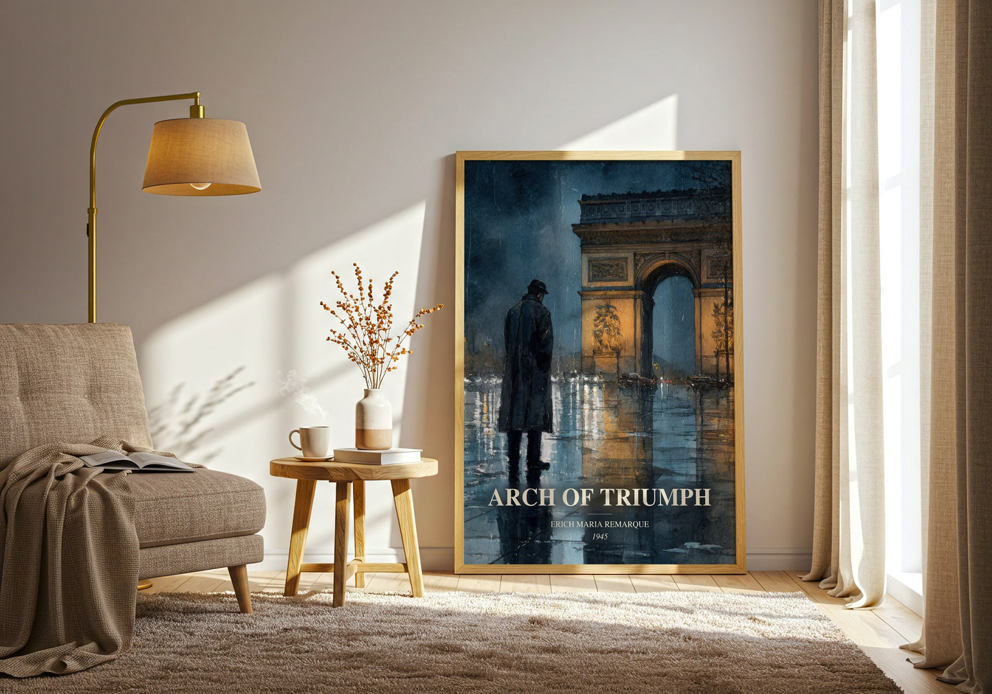 Arch Of Triumph watercolour print in frame leaning in hallway – historical fiction wall art