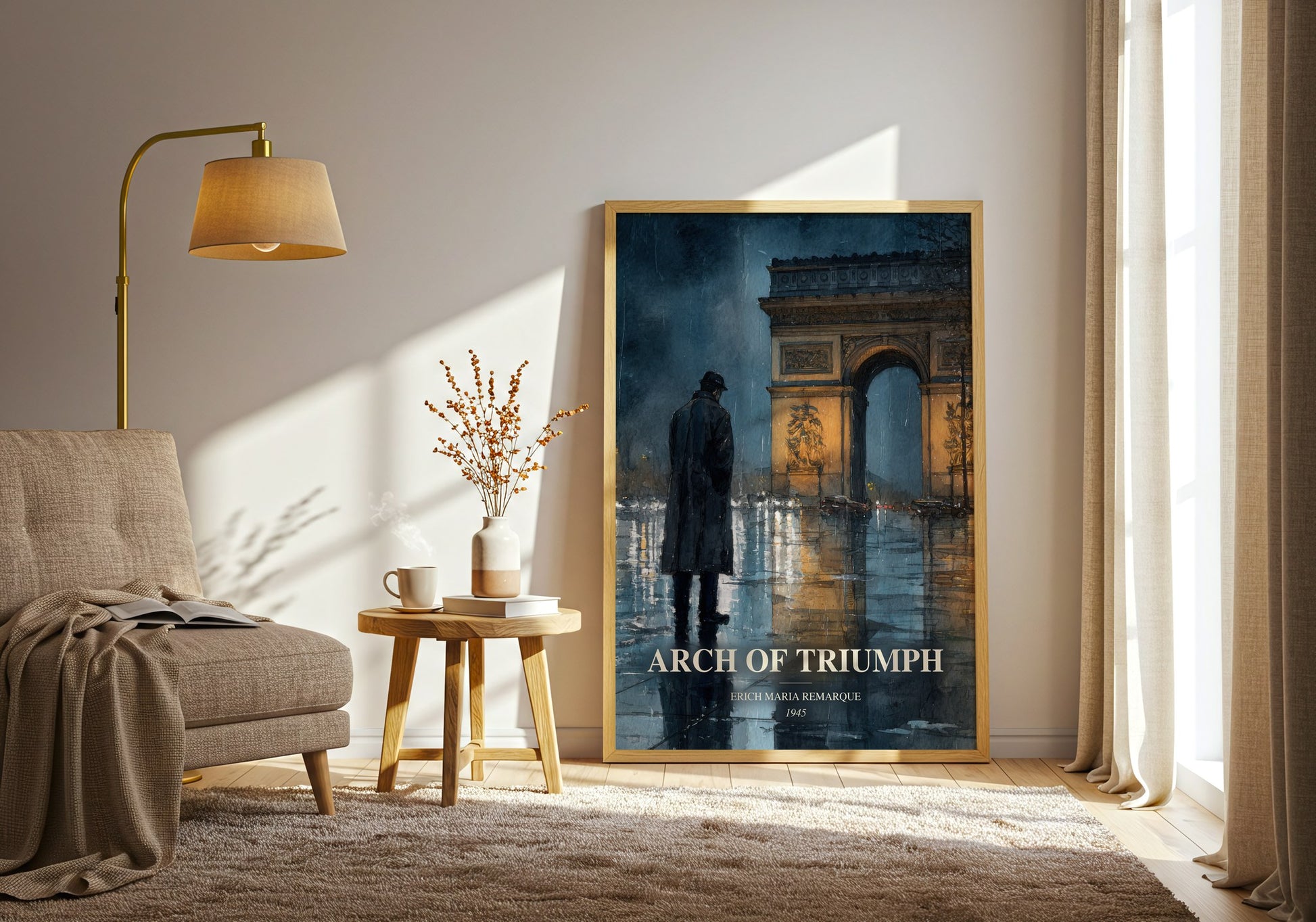 Arch Of Triumph watercolour print in frame leaning in hallway – historical fiction wall art