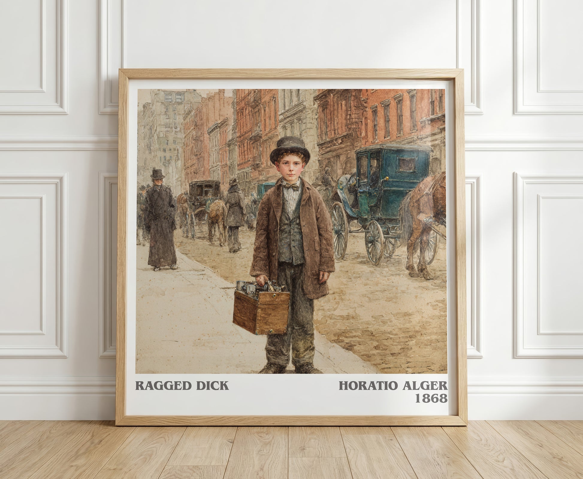 Ragged Dick literary print in frame leaning in hallway – historical fiction wall art