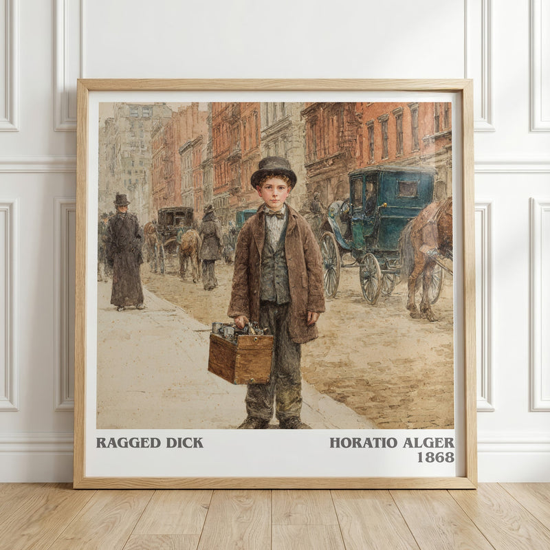Ragged Dick literary print in frame leaning in hallway – historical fiction wall art