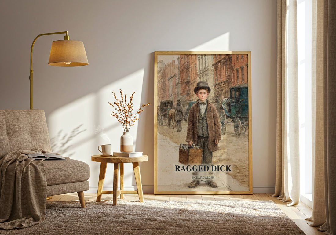 Ragged Dick watercolour print in frame leaning in hallway – childrens wall art (mockup)