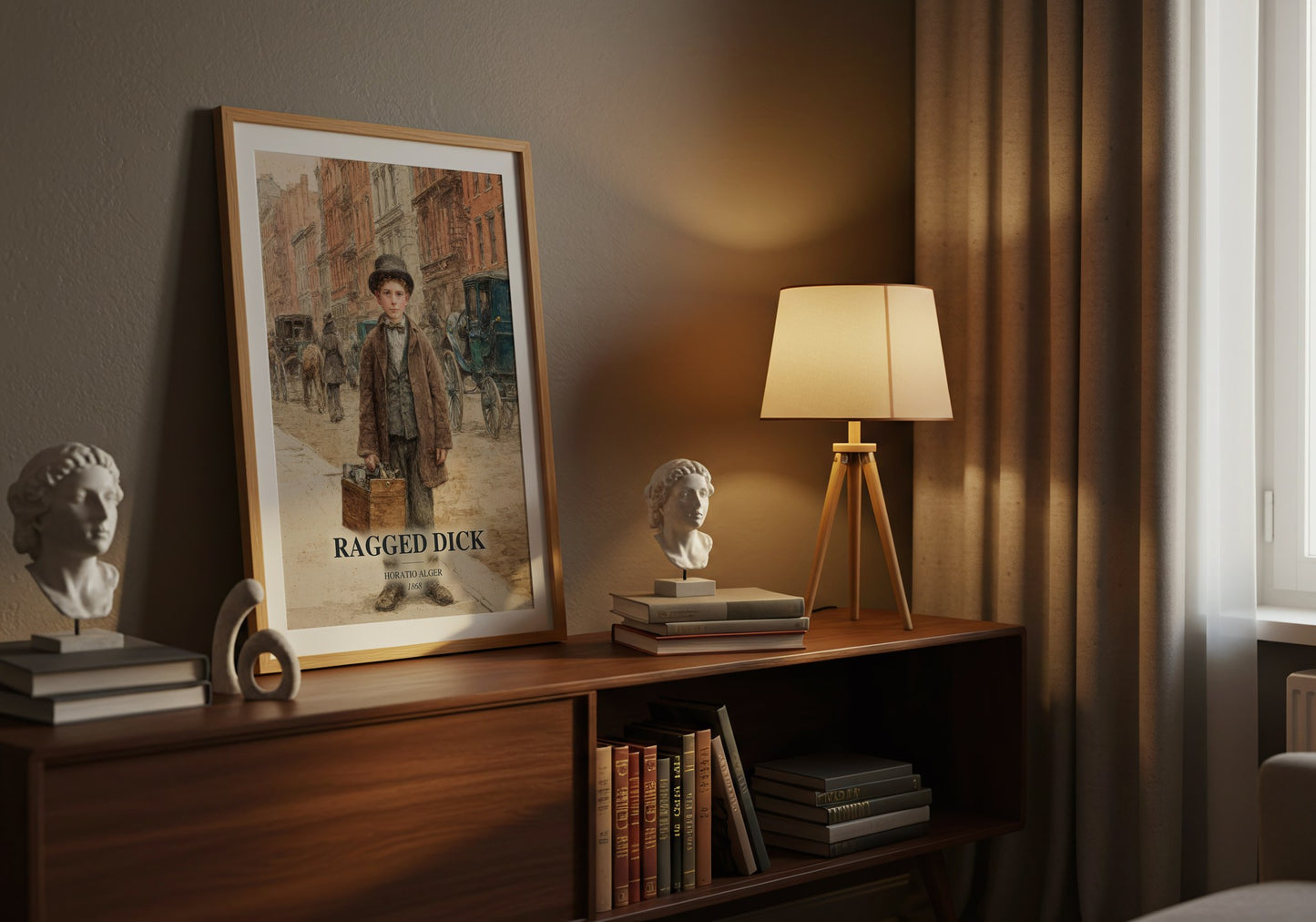 Ragged Dick watercolour print on bookshelf – Horatio Alger fan gift