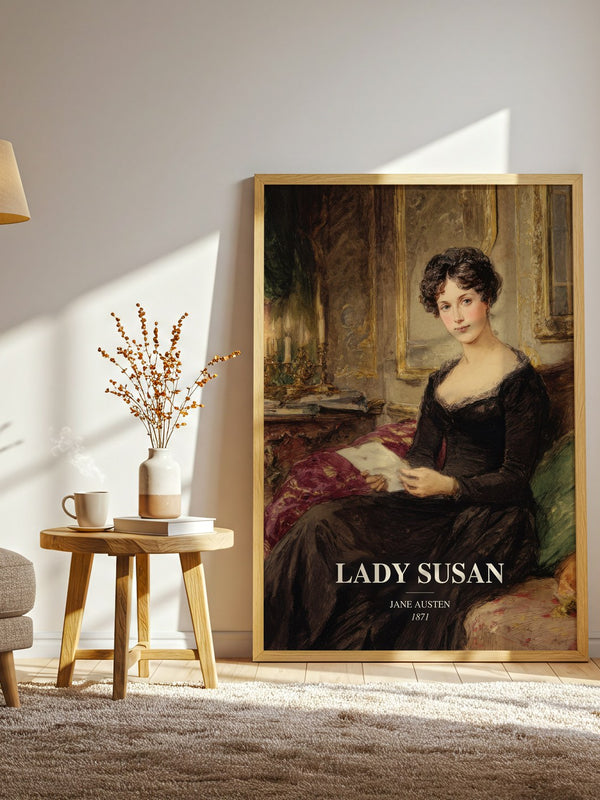 Lady Susan watercolour print in frame leaning in hallway – classic literature wall art