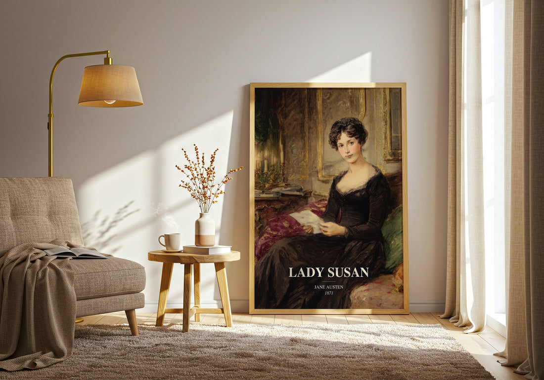 Lady Susan watercolour print in frame leaning in hallway – classic literature wall art (mockup)