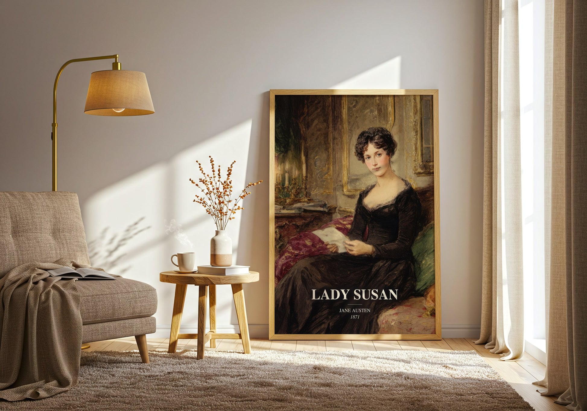 Lady Susan watercolour print in frame leaning in hallway – classic literature wall art