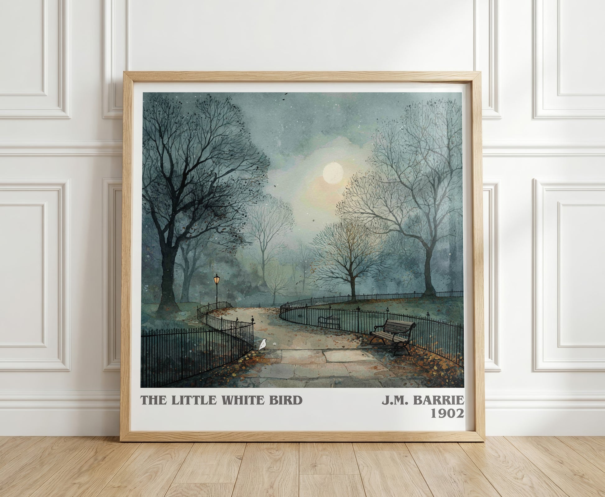 The Little White Bird literary print in frame leaning in hallway – classic literature wall art