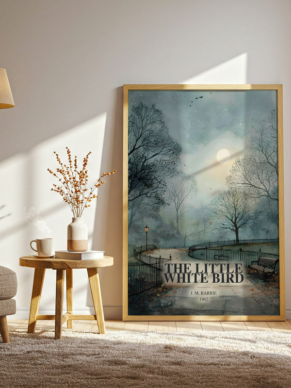 The Little White Bird watercolour print in frame leaning in hallway – childrens wall art
