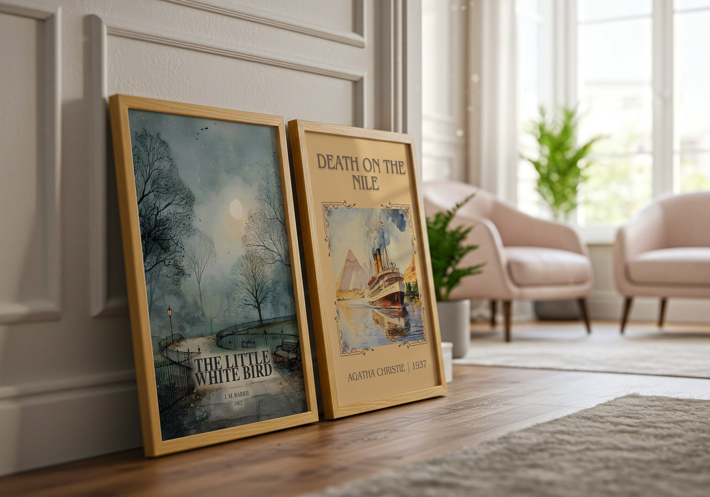 The Little White Bird watercolour print framed by window – literary home decor