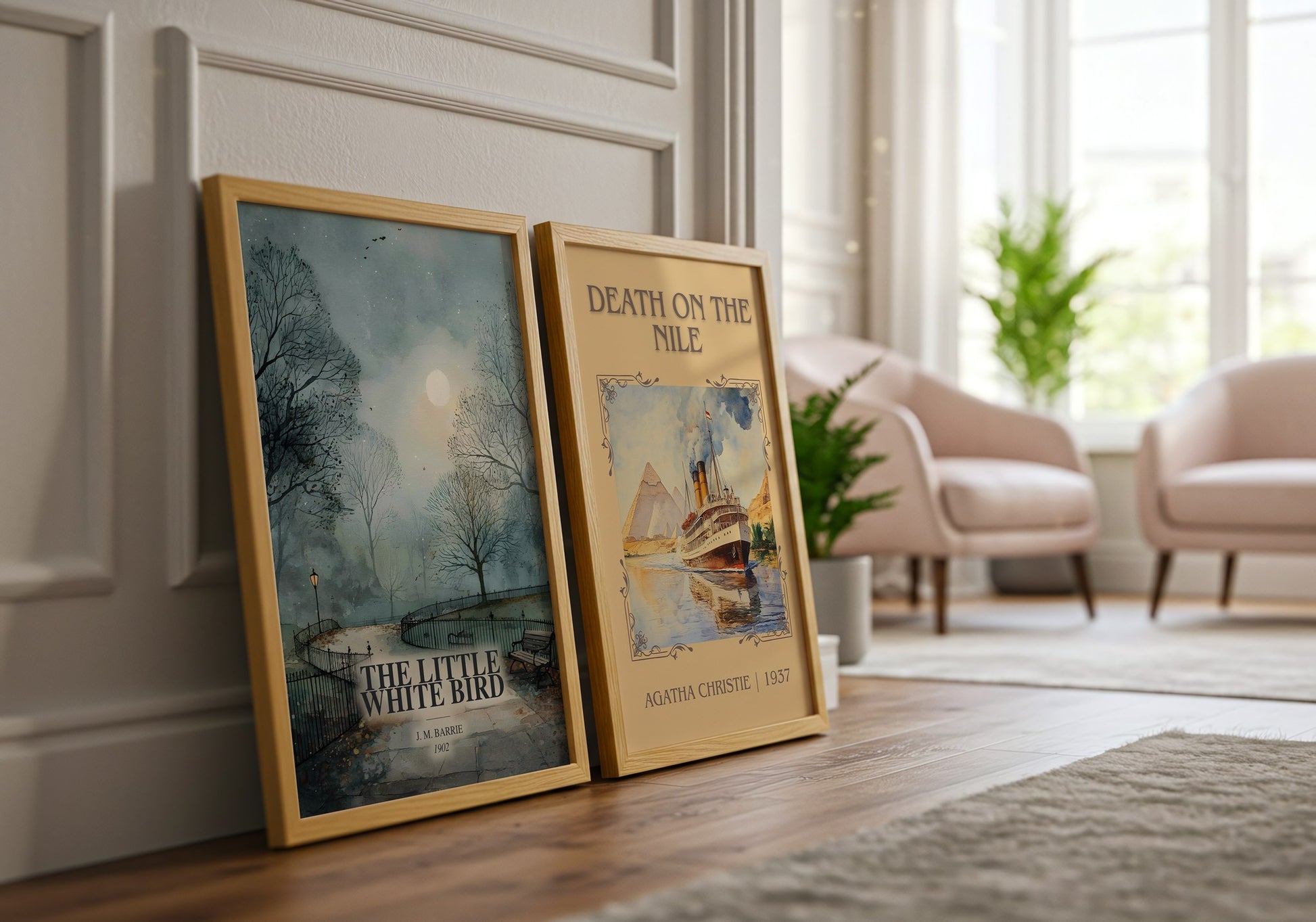 The Little White Bird watercolour print framed by window – literary home decor
