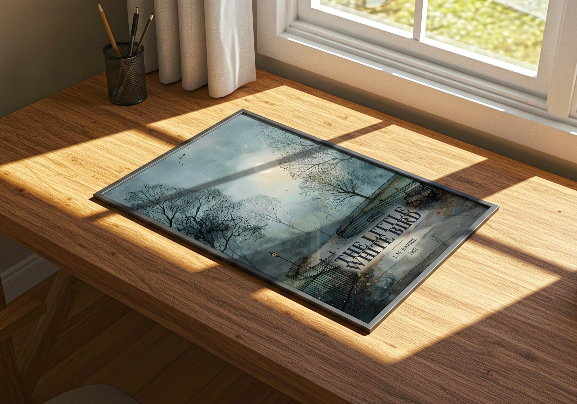The Little White Bird watercolour book poster framed on wall – childrens wall art