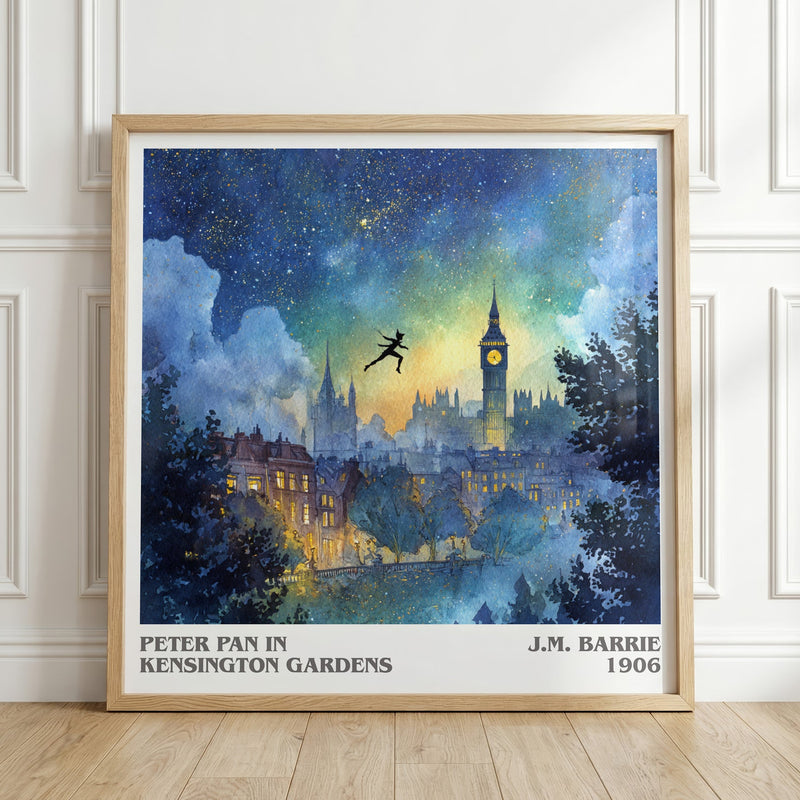 Peter Pan in Kensington Gardens literary print in frame leaning in hallway – classic literature wall art