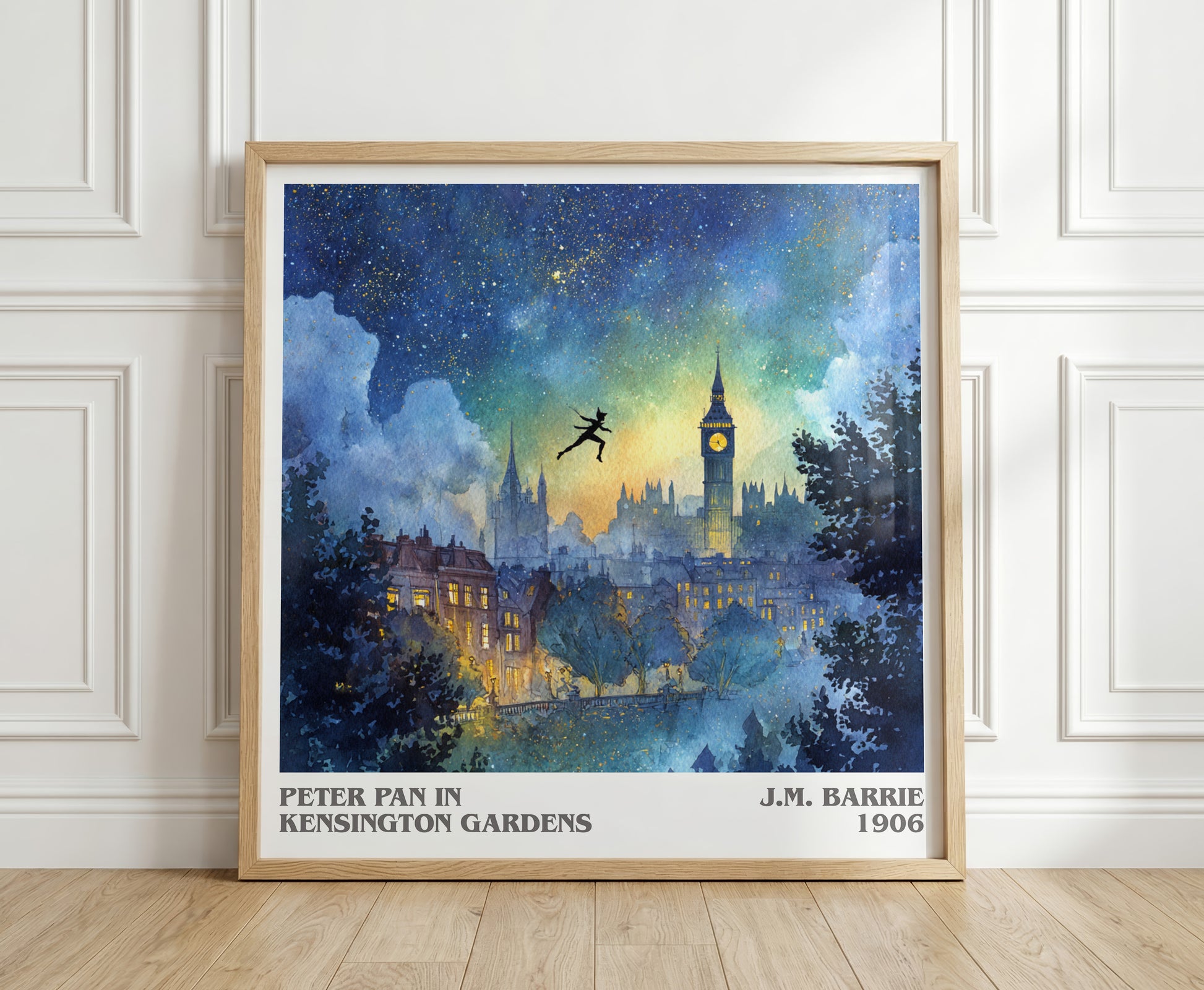 Peter Pan in Kensington Gardens literary print in frame leaning in hallway – classic literature wall art