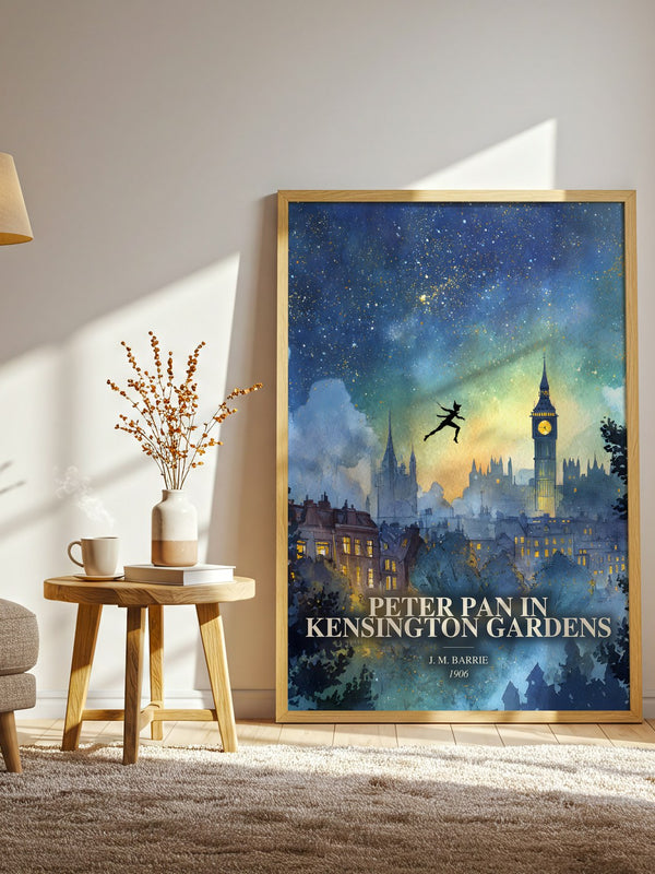 Peter Pan In Kensington Gardens watercolour print in frame leaning in hallway – childrens wall art