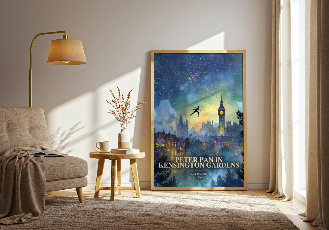 Peter Pan In Kensington Gardens watercolour print in frame leaning in hallway – childrens wall art (mockup)