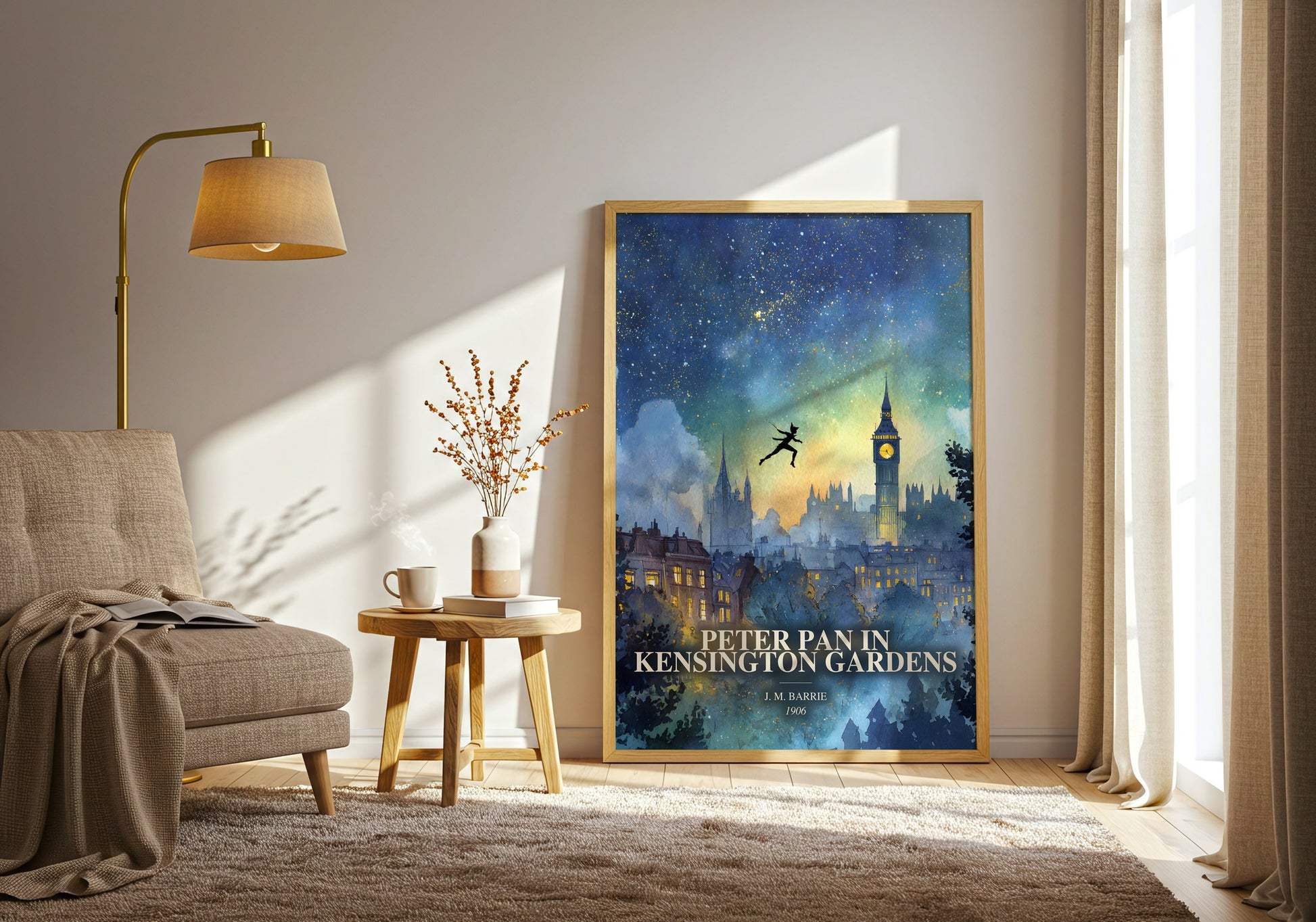 Peter Pan In Kensington Gardens watercolour print in frame leaning in hallway – childrens wall art