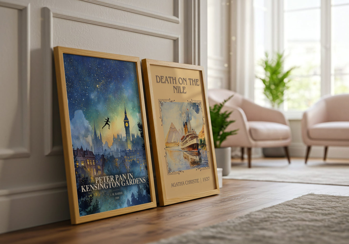 Peter Pan In Kensington Gardens watercolour print framed by window – literary home decor