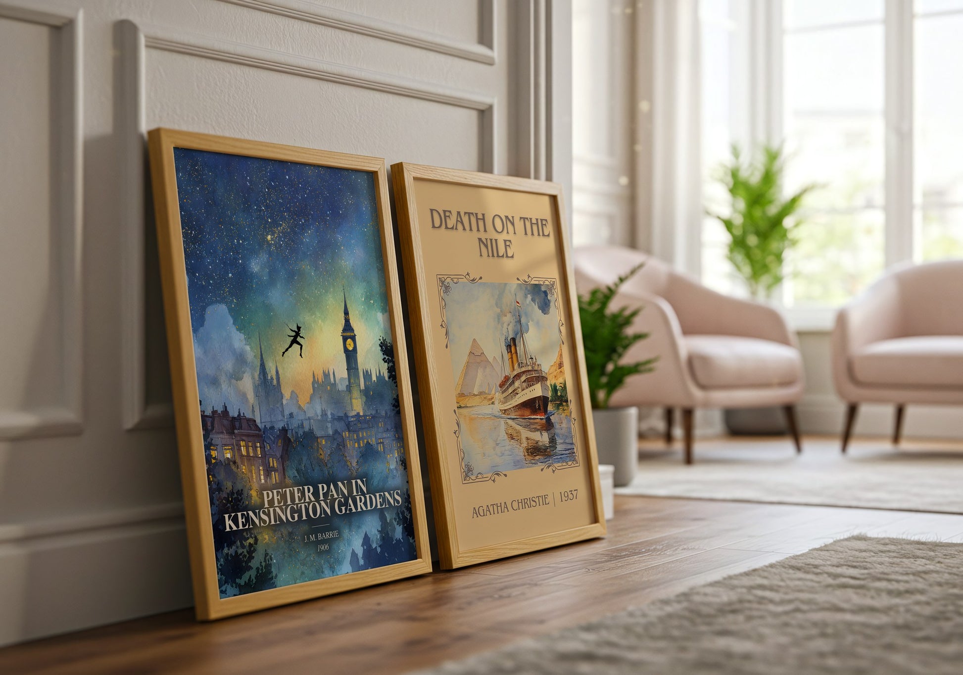 Peter Pan In Kensington Gardens watercolour print framed by window – literary home decor