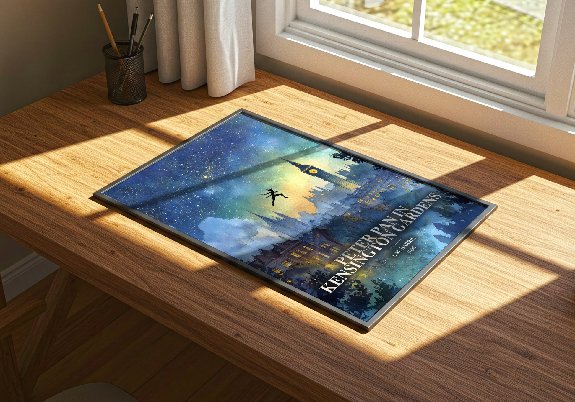 Peter Pan In Kensington Gardens watercolour book poster framed on wall – childrens wall art