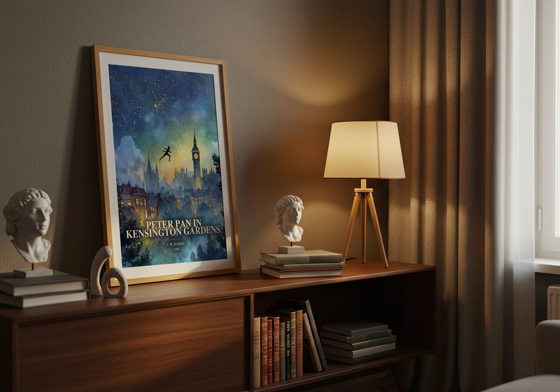 Peter Pan In Kensington Gardens watercolour print on bookshelf – J. M. Barrie fan gift