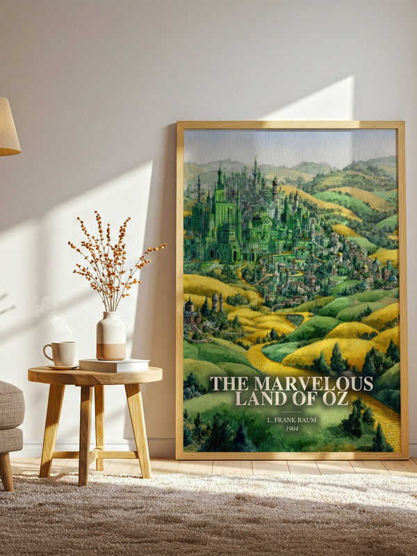 The Marvelous Land Of Oz watercolour print in frame leaning in hallway – childrens wall art