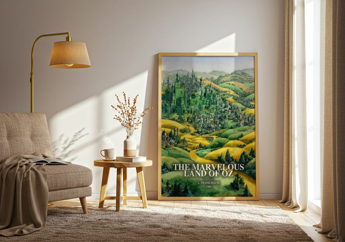 The Marvelous Land Of Oz watercolour print in frame leaning in hallway – childrens wall art (mockup)