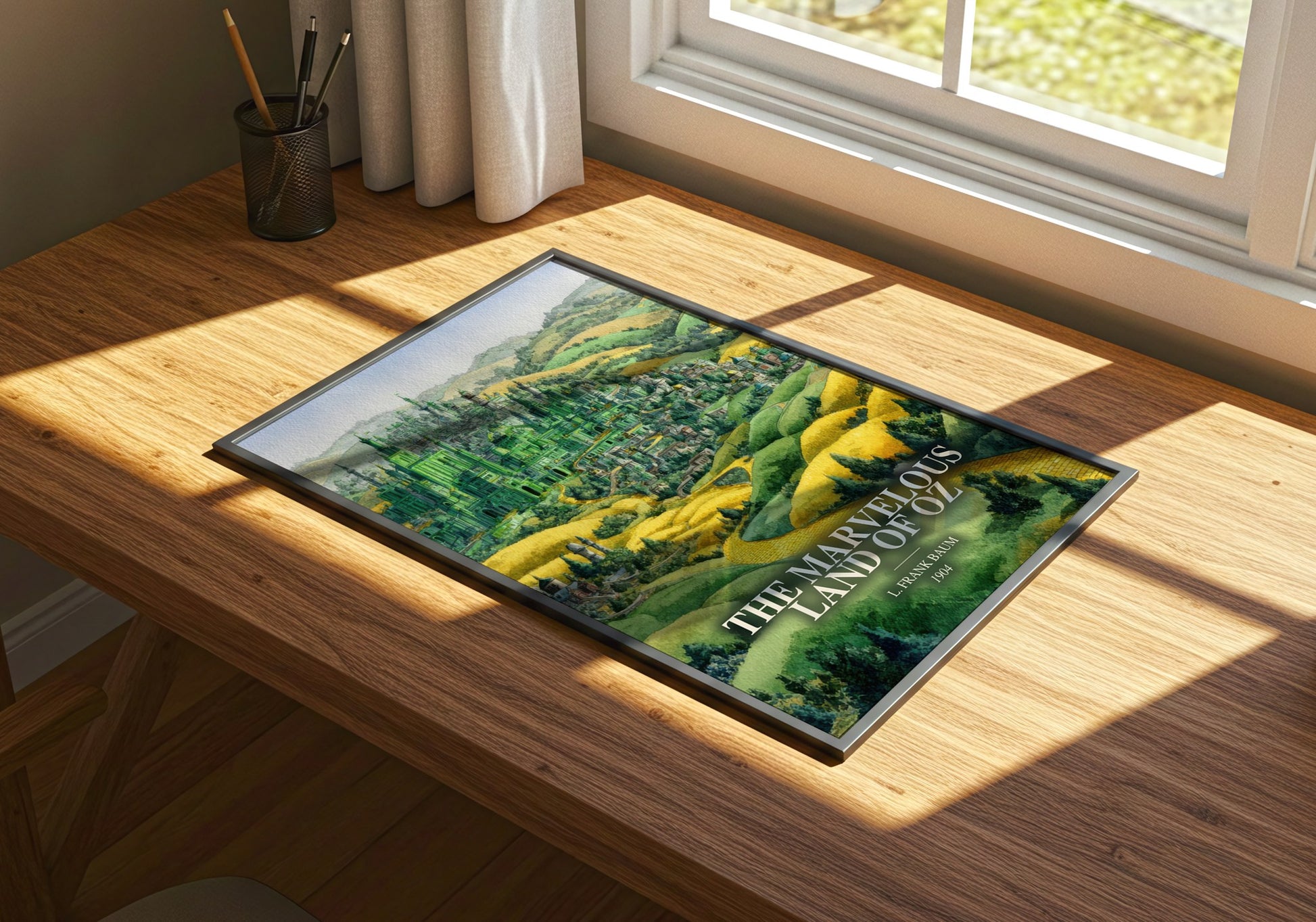 The Marvelous Land Of Oz watercolour book poster framed on wall – childrens wall art