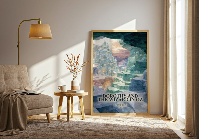 Dorothy And The Wizard In Oz watercolour print in frame leaning in hallway – childrens wall art