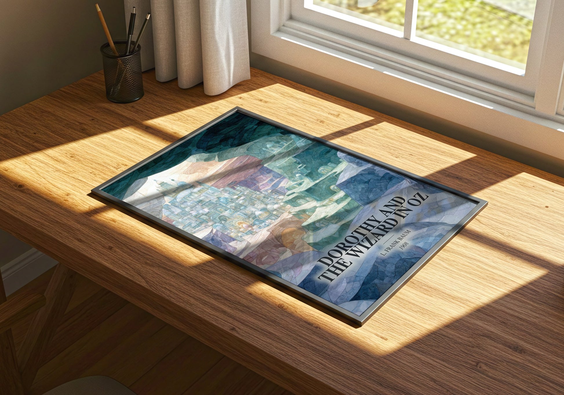 Dorothy And The Wizard In Oz watercolour book poster framed on wall – childrens wall art