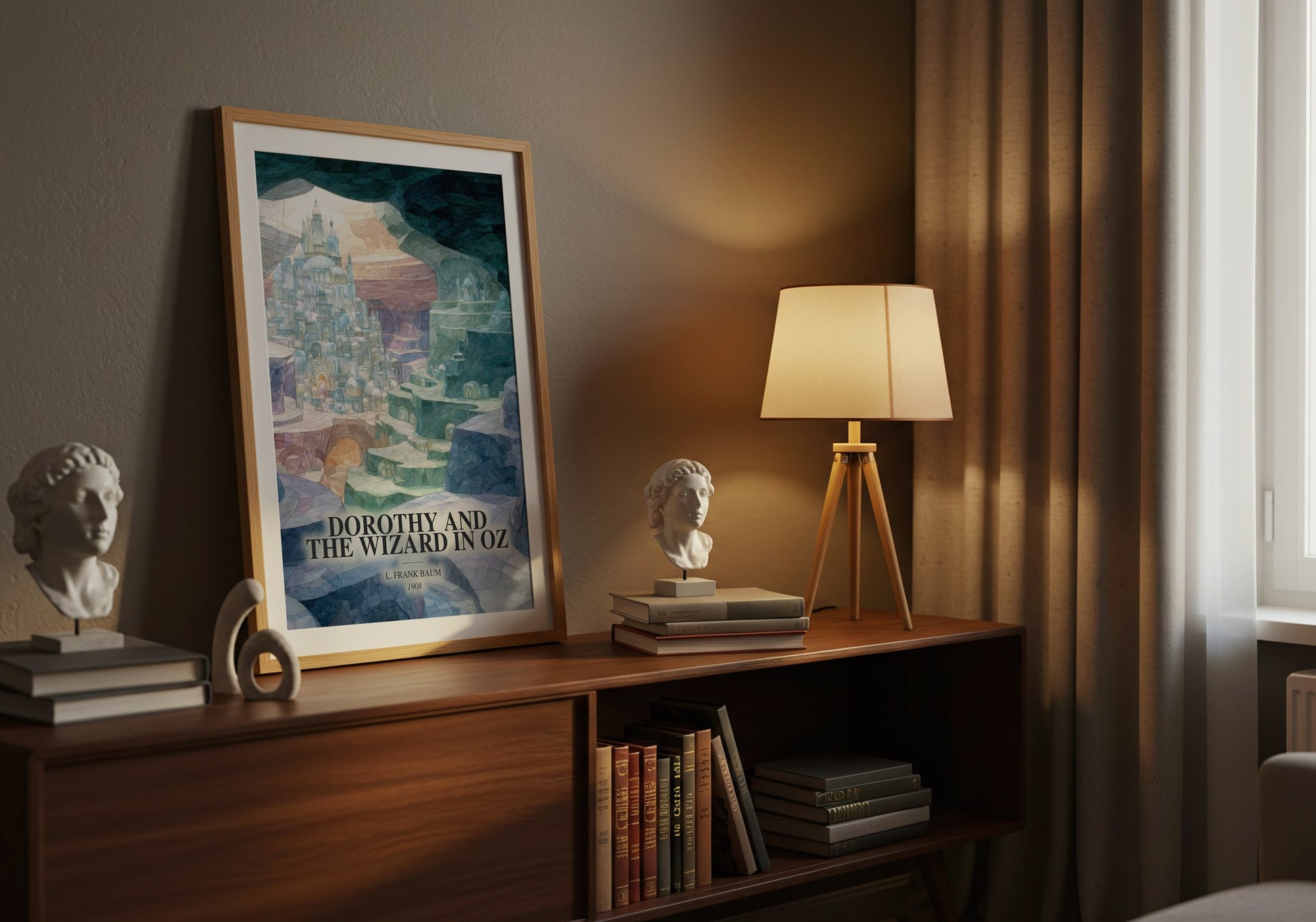 Dorothy And The Wizard In Oz watercolour print on bookshelf – L. Frank Baum fan gift