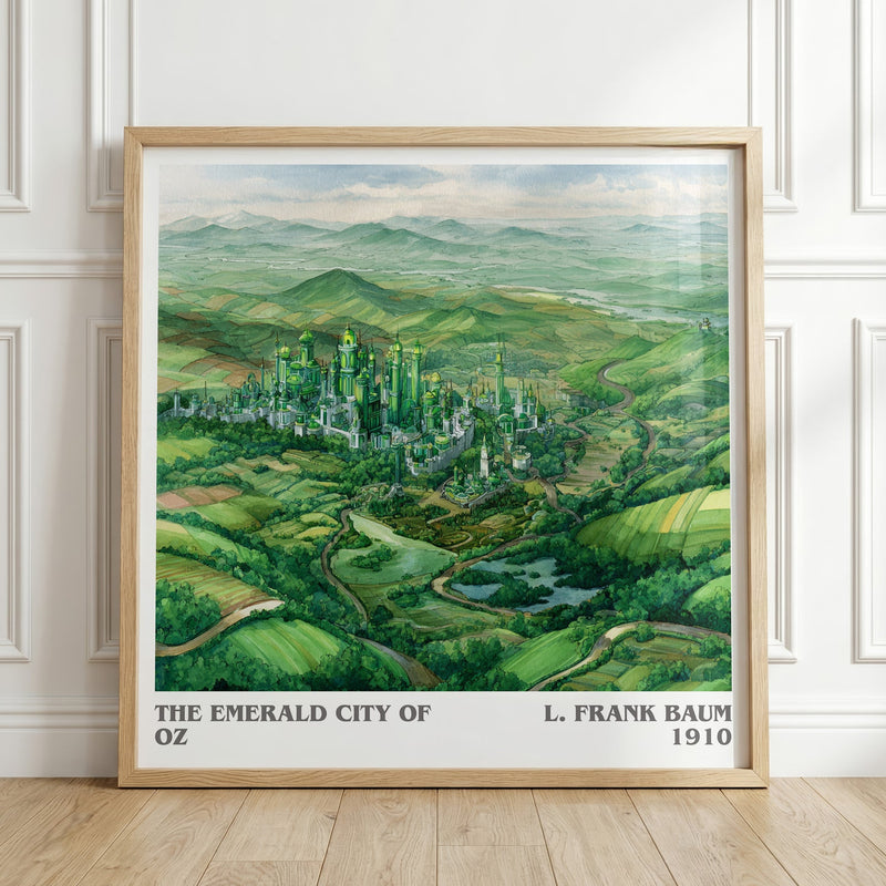 The Emerald City of Oz literary print in frame leaning in hallway – childrens wall art