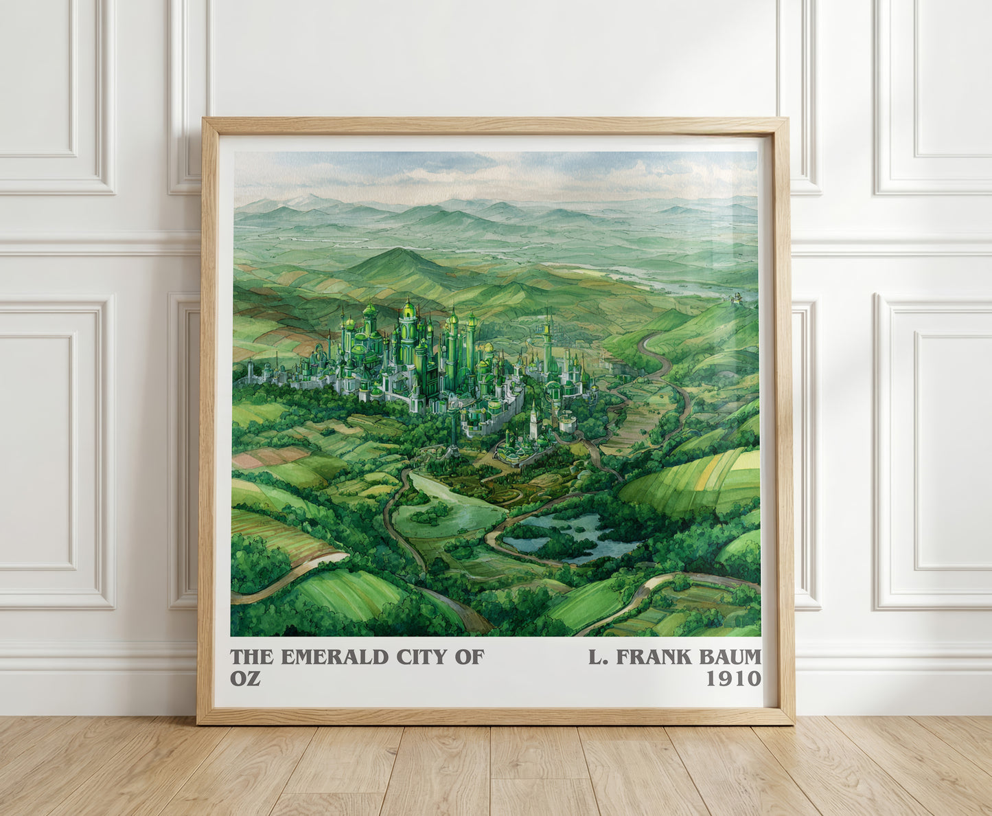 The Emerald City of Oz literary print in frame leaning in hallway – childrens wall art