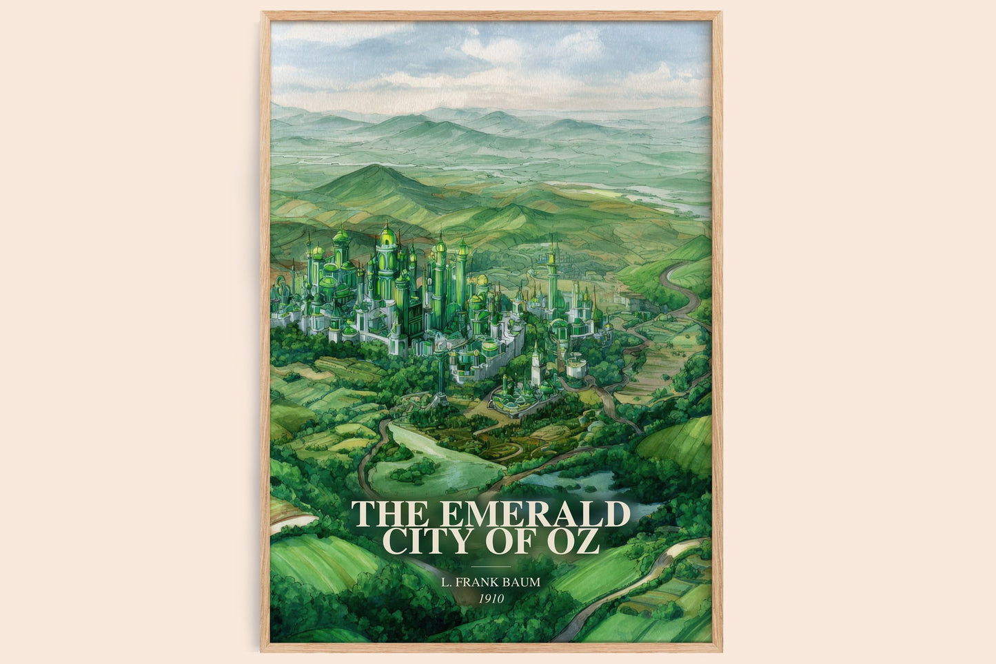 The Emerald City Of Oz watercolour book poster by L. Frank Baum – framed literary art print