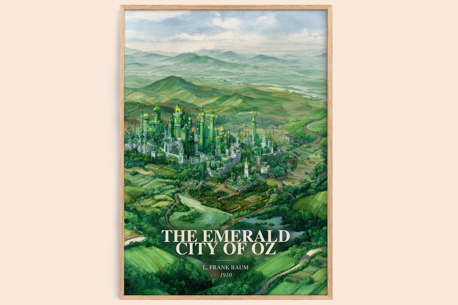 The Emerald City Of Oz watercolour book poster by L. Frank Baum – framed literary art print