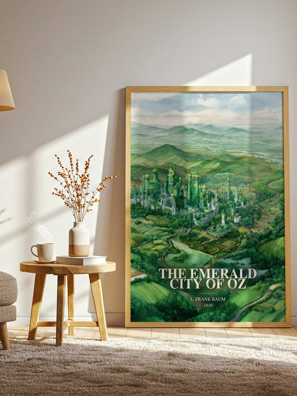 The Emerald City Of Oz watercolour print in frame leaning in hallway – childrens wall art