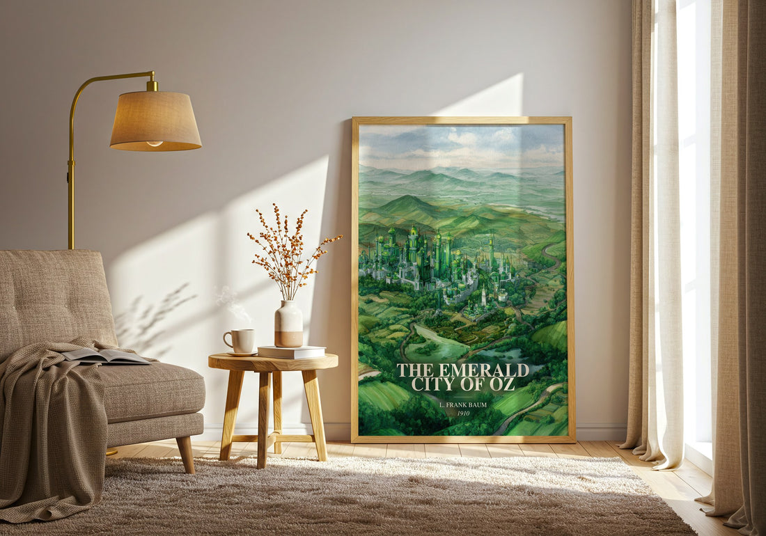 The Emerald City Of Oz watercolour print in frame leaning in hallway – childrens wall art (mockup)